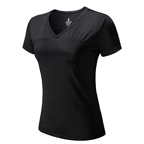 ANIVIVO Tennis Shirts for Women Short Sleeves, Women Golf Tank Tees Pullover Active Solid T-Shirts V-Neck Tennis Clothing& Women Running Shirts(Black,S)