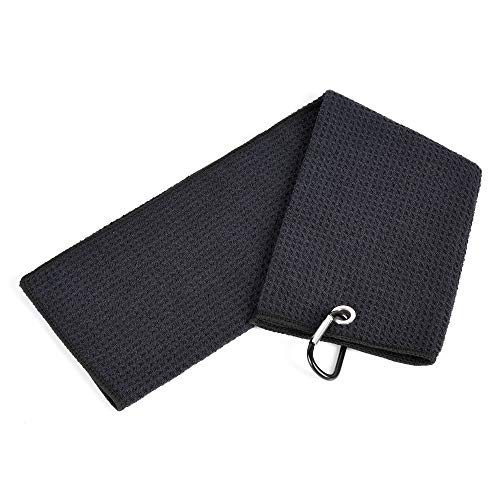 Mile High Life Tri-fold Golf Towel | Premium Microfiber Fabric | Waffle Pattern | Heavy Duty Carabiner Clip (Black)