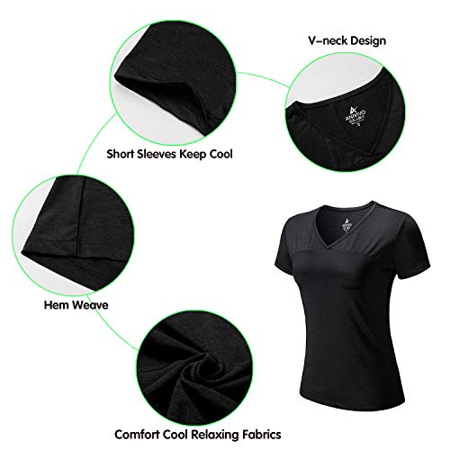 ANIVIVO Tennis Shirts for Women Short Sleeves, Women Golf Tank Tees Pullover Active Solid T-Shirts V-Neck Tennis Clothing& Women Running Shirts(Black,S)