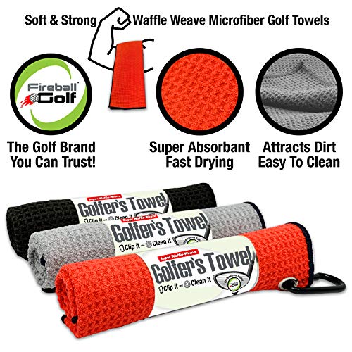Fireball Golf Towel Gift and Accessories Set – 3 golf towels, golf divot tool, ball marker, and golf cleaning brush, golf gifts for men, women, children ( many colors)