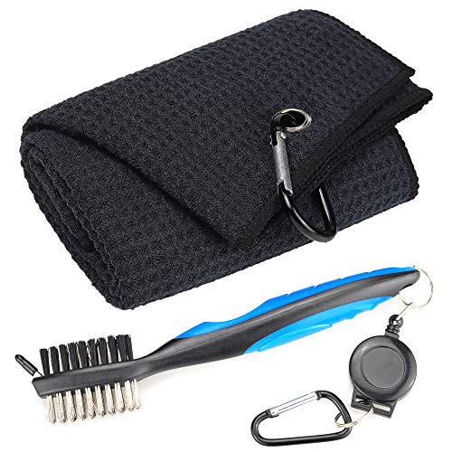 Mile High Life Microfiber Waffle Pattern Tri-fold Golf Towel | Brush Tool Kit with Club Groove Cleaner, Retractable Extension Cord and Clip (Black Towel+Blue Brush)