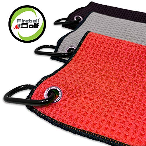 Fireball Golf Towel Gift and Accessories Set – 3 golf towels, golf divot tool, ball marker, and golf cleaning brush, golf gifts for men, women, children ( many colors)