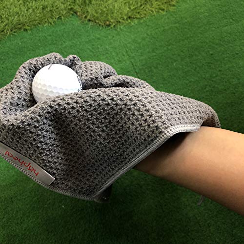 haphealgolf Golf Towel (2 Pack) 16″ x 21″ Tri-fold Microfiber Waffle with Carabiner Clip (Black+Gray)