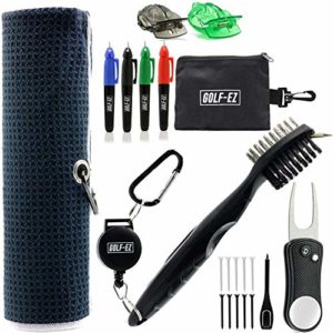Golf-EZ Golf Essentials 21 Piece Kit | Microfiber Towel | Retractable Cleaning Brush | Divot Repair Tool | Golf Ball Alignment Marking Tool | Marker Set | Carry Case