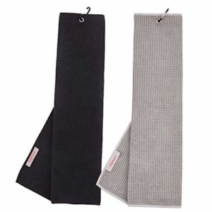 haphealgolf Golf Towel (2 Pack) 16″ x 21″ Tri-fold Microfiber Waffle with Carabiner Clip (Black+Gray)