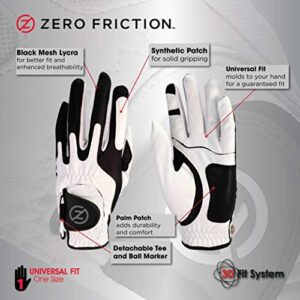 Zero Friction Male Men’s Compression-Fit Synthetic Golf Glove (2 Pack), Universal Fit White/White, One Size