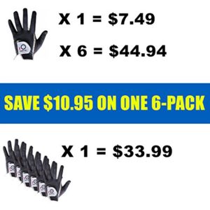 FINGER TEN Men Golf Glove Rain Grip Left Hand Right Value 6 Pack, Fit Hot Wet Weather, Size Small Medium Large XL (25=M/Large Black Right)
