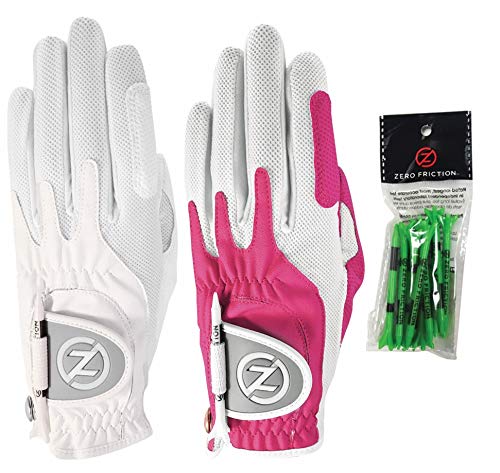 Zero Friction Ladies Compression-Fit Synthetic Golf Glove (2 Pack with Free Pack of tees), Universal Fit One Size, White/Pink
