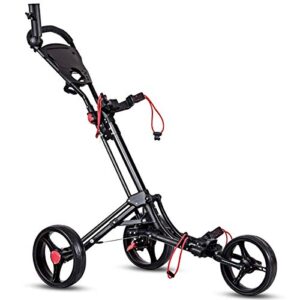 Tangkula Golf Push Cart, 3 Wheels Foldable Hand Cart, Easy Push and Pull Cart Trolley with Umbrella and Tee Holder, Quick Open and Close Golf Pull Cart