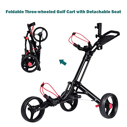 Tangkula Golf Push Cart, 3 Wheels Foldable Hand Cart, Easy Push and Pull Cart Trolley with Umbrella and Tee Holder, Quick Open and Close Golf Pull Cart