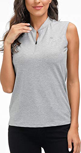 AIRIKE Golf Polo Shirts for Women Slim Fit Woman Sleeveless Sports Shirts Quick Dry Athletic Tank Tops for Tennis Work with Zipper Grey