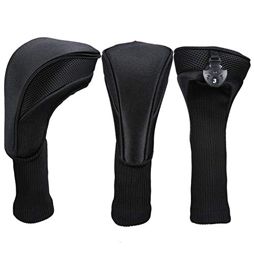 LONGCHAO Black Golf Head Covers Driver 1 3 4 5 7 X Fairway Woods Headcovers Long Neck Neoprene Protective Covers with Interchangeable No. Tags Fits All Fairway and Driver Clubs(3pcs)