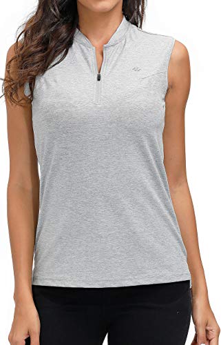 AIRIKE Golf Polo Shirts for Women Slim Fit Woman Sleeveless Sports Shirts Quick Dry Athletic Tank Tops for Tennis Work with Zipper Grey