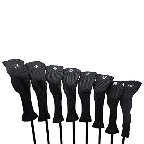 Majek All Hybrid Golf Club Black Headcover Set 3-PW. Neoprene Acrylic Head Covers 3 4 5 6 7 8 9 PW