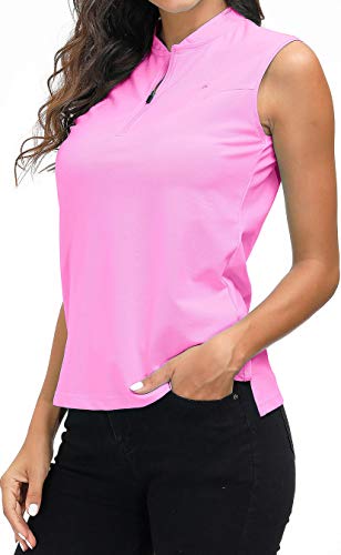 AIRIKE Golf Polo Shirts for Women Slim Fit Woman Sleeveless Sports Shirts Quick Dry Athletic Tank Tops for Tennis Work with Zipper Pink