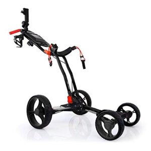Pins & Aces Everyday Golf Push Cart Black – Ultra Lightweight, Compact Folding Golf Pull Cart – 4 Wheel Design, Golf Accessories Storage Compartment