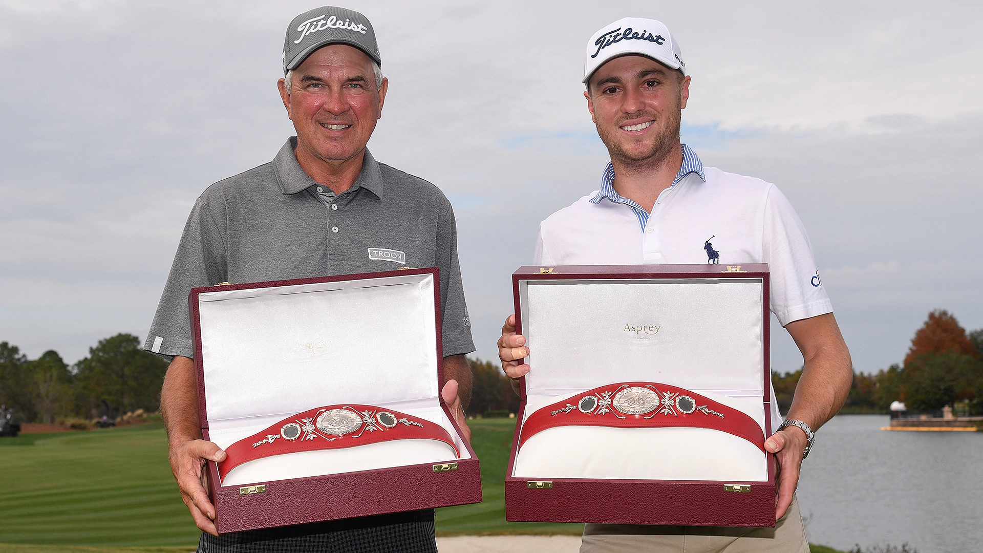 Justin Thomas shows off champion’s belt at dinner with Tiger and Charlie Woods