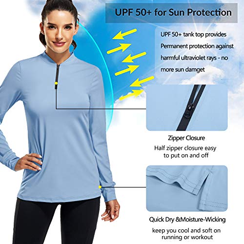 CHICHO Golf Shirts for Women, Summer Outdoor Clothes Quick Dry 1/4 Zip Golf Pullover Polo UPF 50+ Sun Protection Stretch Travelling Tennis Shirt Blue Tee Large