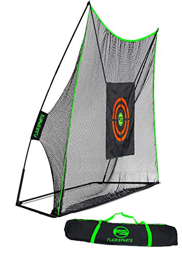 Flair Sports – Heavy Duty 10′ x 7′ Golf Hitting Net – Professional Series – Practice Driver, Irons, & Wedges – Indoor & Outdoor – Driving Range at Home – Neon Chipping Target – Swing Training
