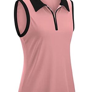 LASLULU Womens Golf Tennis Polo Shirt Zip Up Sleeveless Tops Casual Shirts Summer Tops Golf Tank Tops Running Sports Collared Shirts for Women(Pink Medium)