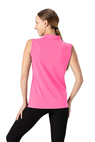YSENTO Women’s Dry Fit Tennis Golf Shirts Zip Up Sleeveless UPF 50+ Yoga Gym Workout Tops Shirts Fluorescence Rose Size L