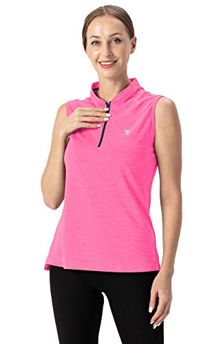 YSENTO Women’s Dry Fit Tennis Golf Shirts Zip Up Sleeveless UPF 50+ Yoga Gym Workout Tops Shirts Fluorescence Rose Size L