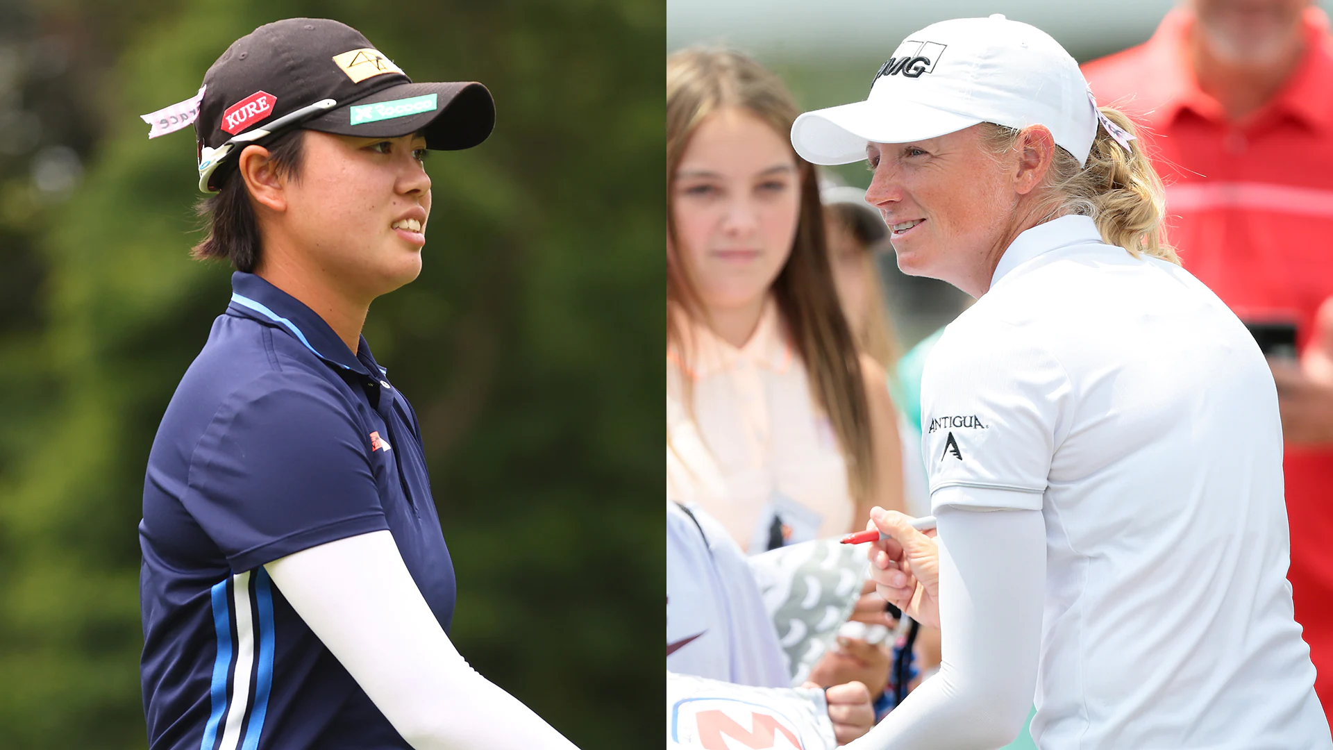 Yuka Saso asks Stacy Lewis for autograph; pair then combines to shoot 13 under