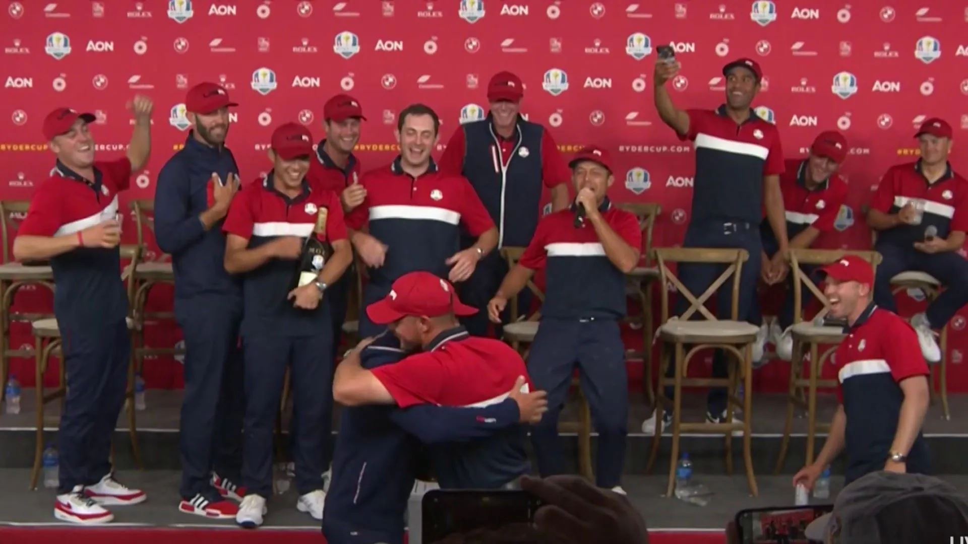 2020 Ryder Cup: Bryson DeChambeau and Brooks Koepka hug and erupt into song while holding Ryder Cup
