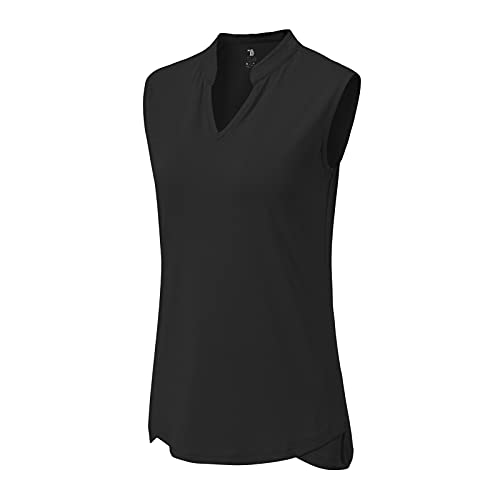 BASUDAM Women’s Golf Polo Shirts V-Neck Sleeveless Collarless Tennis Athletic Shirts Quick Dry Black L