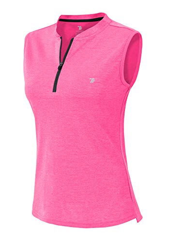 YSENTO Women’s Dry Fit Tennis Golf Shirts Zip Up Sleeveless Collarless UPF 50+ Yoga Gym Workout Tops Shirts Fluorescence Rose Size L