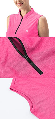 YSENTO Women’s Dry Fit Tennis Golf Shirts Zip Up Sleeveless Collarless UPF 50+ Yoga Gym Workout Tops Shirts Fluorescence Rose Size L