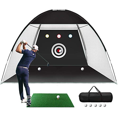 Golf Practice Net, 10x7ft Golf Hitting Training Aids Nets with Target and Carry Bag for Backyard Driving Chipping – 1 Golf Mat -5 Golf Balls – 1 Golf Tees- Men Kids Indoor Outdoor Sports Game