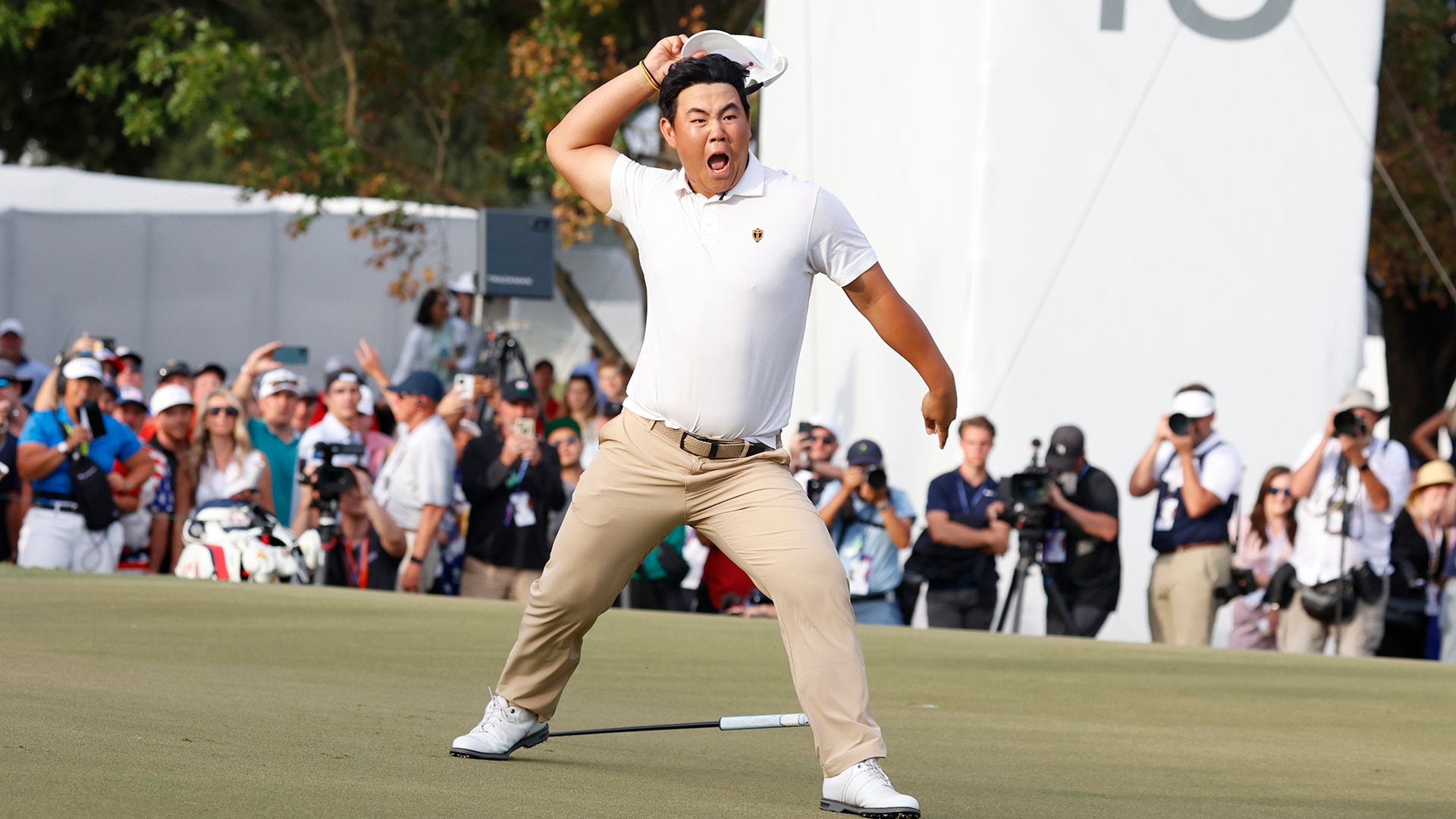 Watch: Tom Kim goes full Tiger hat throw after walk-off birdie