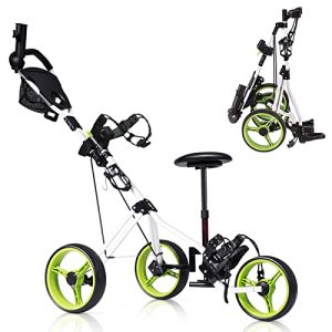 Tangkula Golf Push Cart with Seat, Lightweight Folding 3 Wheels Golf Pull Cart, Golf Trolley with Scoreboard Bag Foot Brake, Cup & Umbrella Holder, Height-Adjustable Handle, Golf Push Pull Cart