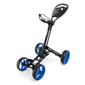 SereneLife 4 Wheel Golf Push Cart – Lightweight Folding Walking Push Cart Roller Golf Bag Holder w/Foot/Handle Brake, Upper/Lower Bracket w/Elastic Strap, Scorecard/Cup/Bag Storage Holder SLGZ36