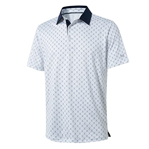 Golf Shirts for Men Dry Fit Short Sleeve Print Performance Moisture Wicking Polo Shirt White