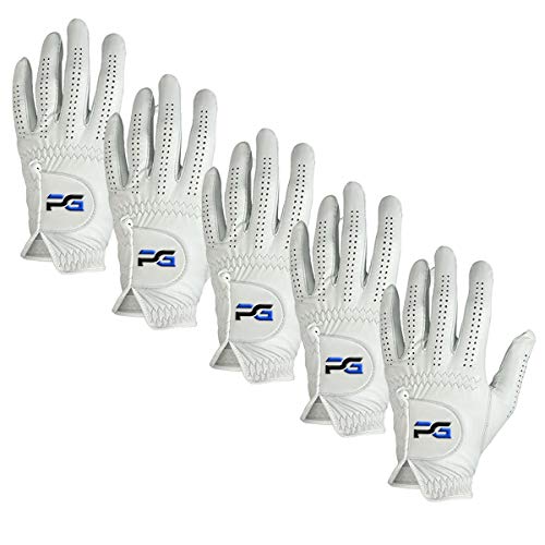 PG Golf Gloves (5 Pack) Cabretta Leather, Premium Quality Mens Golf Gloves, Left Hand Gloves for Right Handed Golfers (Large)
