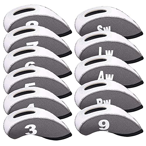 BIG TEETH Golf Iron Head Covers 11Pcs Neoprene Golf Club Protector Flexible with Window and Number Tag Multi Color (Grey)