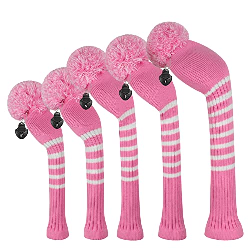 Scott Edward Pink&White Stripes Golf Club Covers Set of 5 Fit for Driver Wood(460cc)*1, Fairway Wood*2,and Hybrid(UT)*2, (Pink&White Stripes)