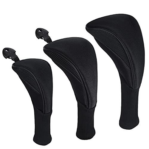 WIHQIBVCE Golf Head Covers – 3Pcs Golf Club Head Covers for Wood & Fairway, Driver Headcover Hybrids of No. Tags 3 4 5 6 7 X with Long Neck Mesh for Extra Club Protection (Black)