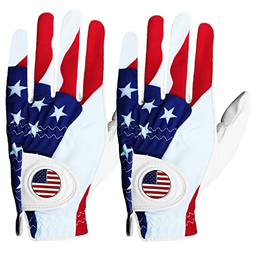 FINGER TEN Golf Gloves Men Left Hand with Ball Marker USA Flag 2 Pack for Right Handed Golfer Leather Breathable Comfortable All Weather Grip (White&USA Flag,X/Large-Worn on Left Hand)