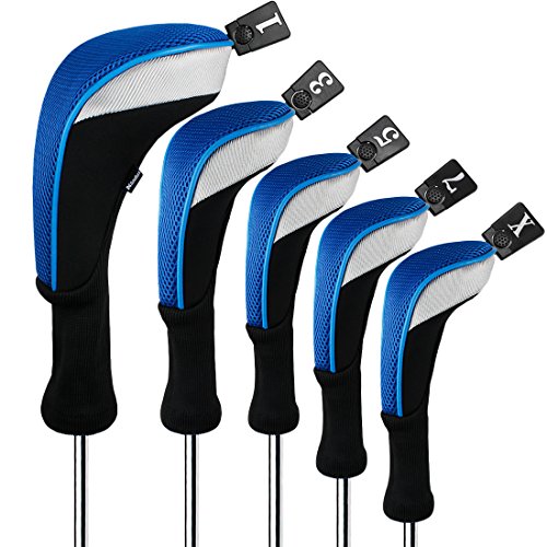 Andux 5pcs/Set Golf 460cc Driver Wood Club Head Covers Long Neck with Interchangeable No. Tags Blue