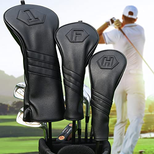 Golf Club Covers, 3 Pack Golf Club Head Covers for Driver, Fairway Woods and Hybrid, Golf Head Covers Fit Most Golf Clubs PU Leather Classic Black