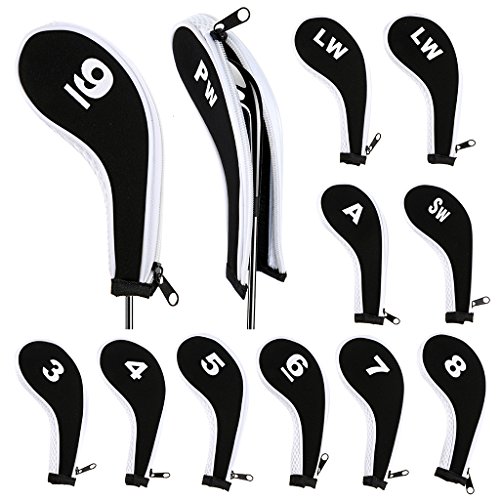 Hipiwe Number Print Golf Club Iron Covers Durable Neoprene Zippered Head Covers with Long Neck – Set of 12 (Black + White)