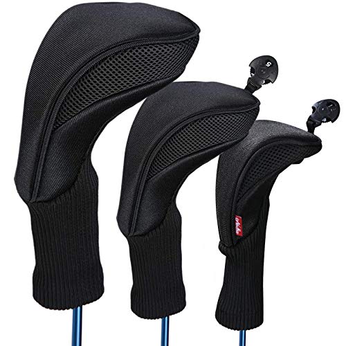 Black Golf Club Head Cover Driver 1 3 4 5 7 X Fairway Woods Headcovers, Golf Accessories Hybrid Head Covers Set with Interchangeable Tags Fits All Fairway and Driver Clubs (Black)