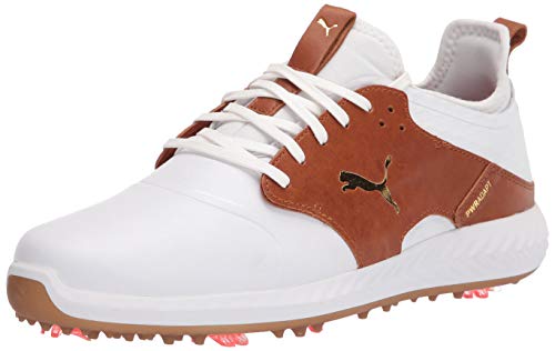 PUMA Men’s Ignite Pwradapt Caged Crafted Golf Shoe, White-Leather Brown Team Gold, 11
