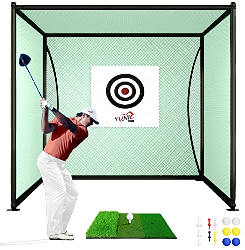 YUNIC Golf Driving Cage with Steel Frame, Golf Nets for Backyard Driving with Hitting Mat Double Nets Included for Full Swing Chipping Practice Indoor Outdoor (Golf Cage 10X10X10FT)