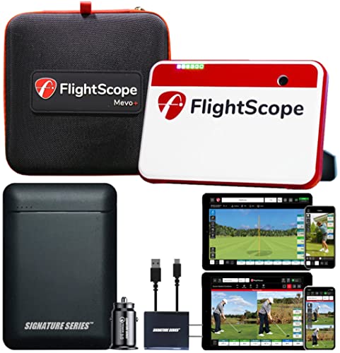 FlightScope Mevo+ 2023 Edition – Portable Golf Launch Monitor | Simulator and Signature Power Bundle | 20+ Full Swing and Short Game Data Parameters, 10 Courses and 17 Practice Ranges Included