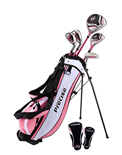Precise Distinctive Girls Right Handed Pink Junior Golf Club Set for Age 6 to 8 (Height 3’8″ to 4’4″) Set Includes: Driver (15″), Hybrid Wood (22, 2 Irons, Putter, Bonus Stand Bag & 2 Headcovers