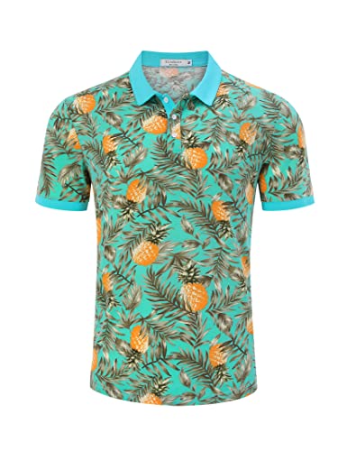 EliteSpirit Polo Shirts for Men Short Sleeve Funny Golf Shirts Moisture Wicking Golf Polo Stylish Floral Pineapple Print Green L
